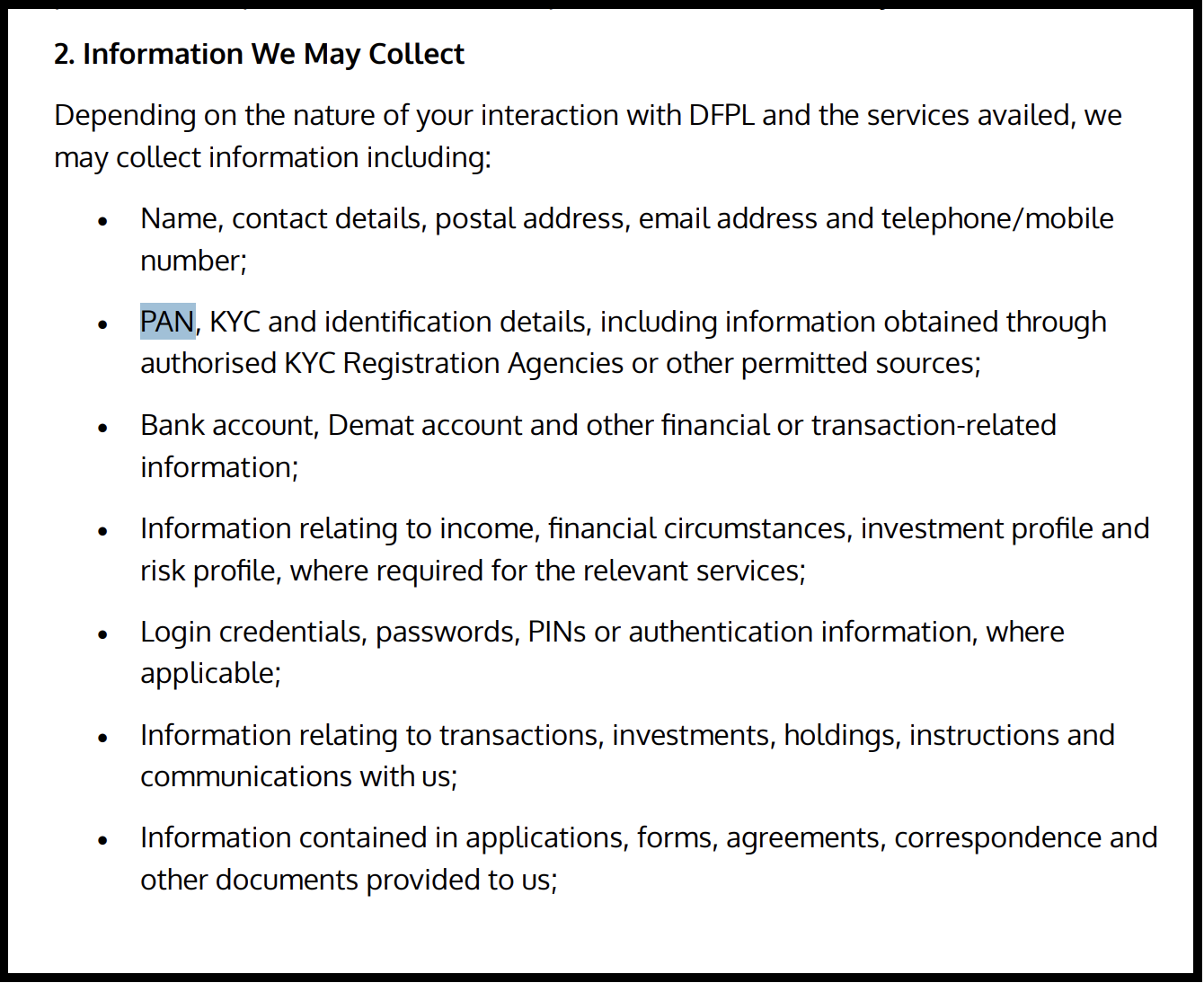 Dolat Finserv Private Limited privacy policy data collection clauses