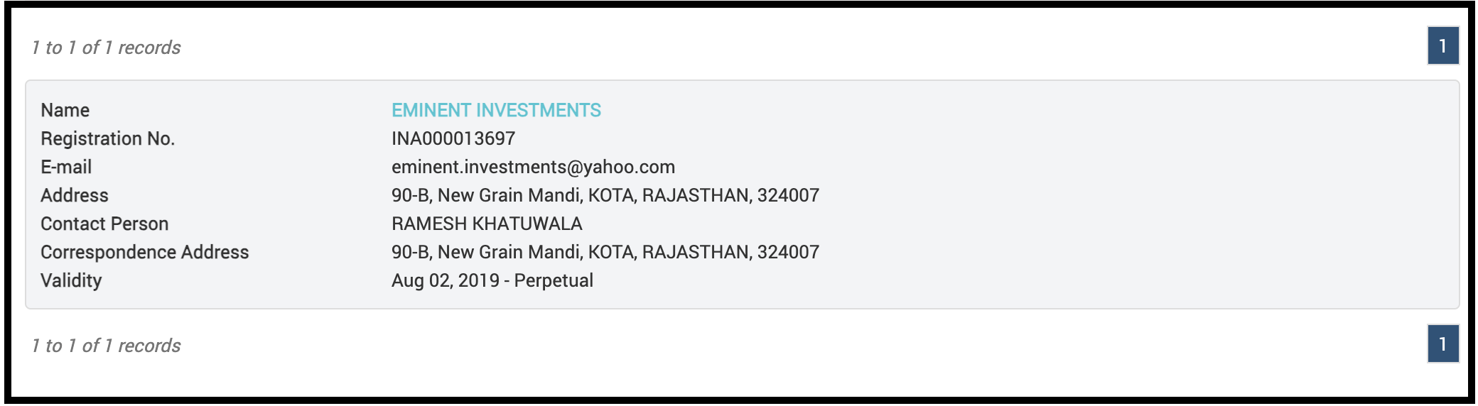 SEBI registration details for Eminent Investments.