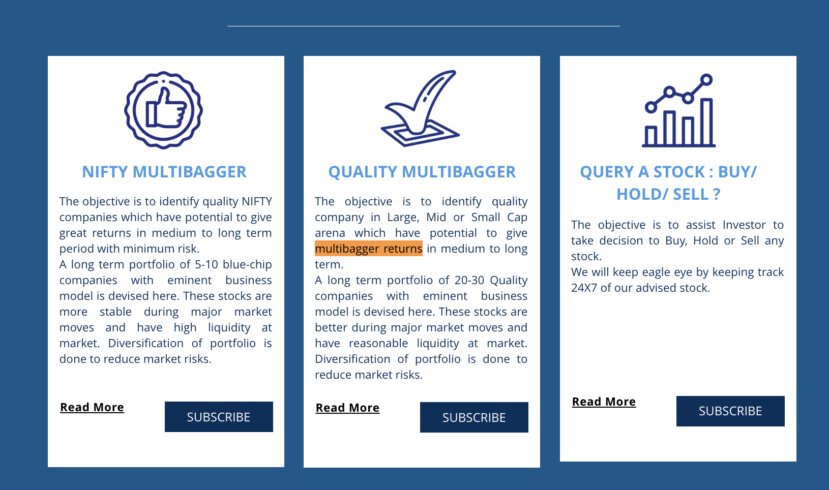 Eminent Investments pricing and portfolio cards showing Nifty Multibagger, Quality Multibagger, and stock query options.