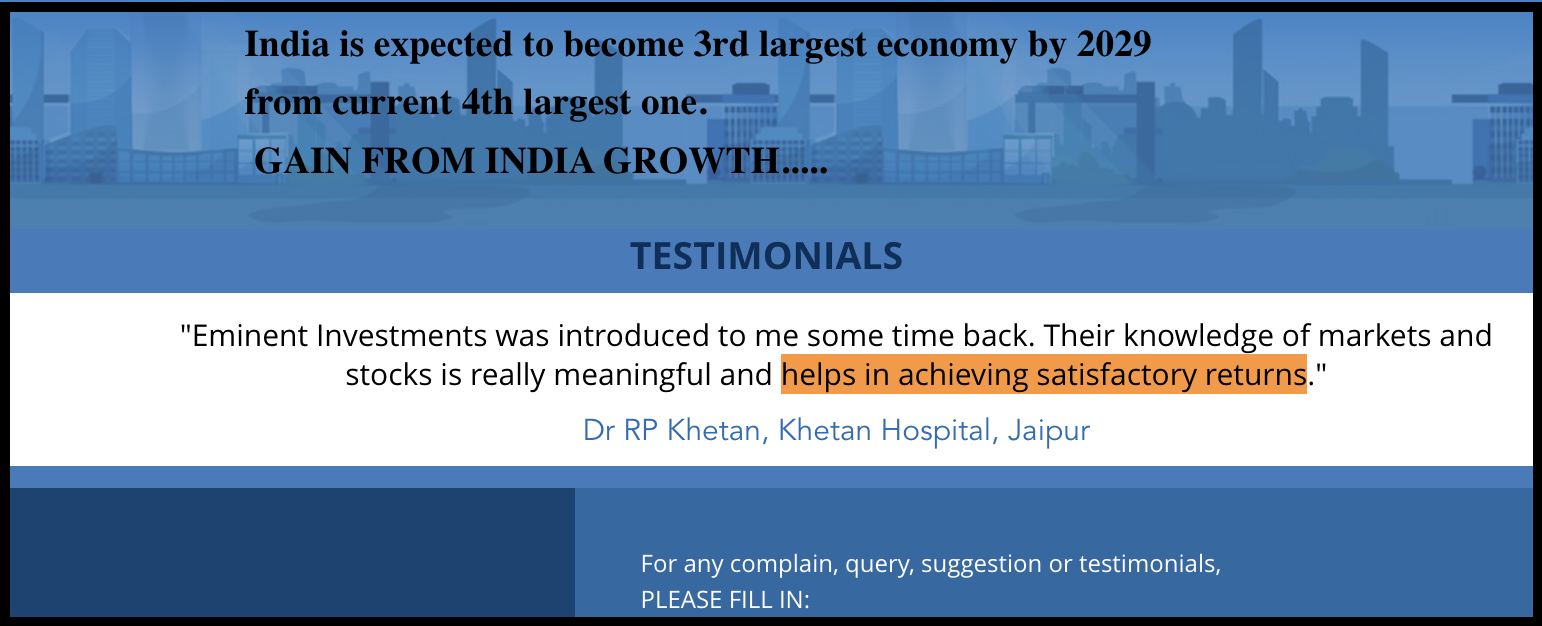 Website excerpt displaying client testimonials and market growth projections for Eminent Investments.