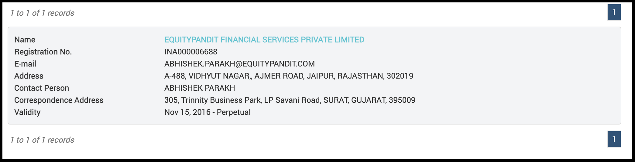 Official SEBI registration details for EquityPandit Financial Services