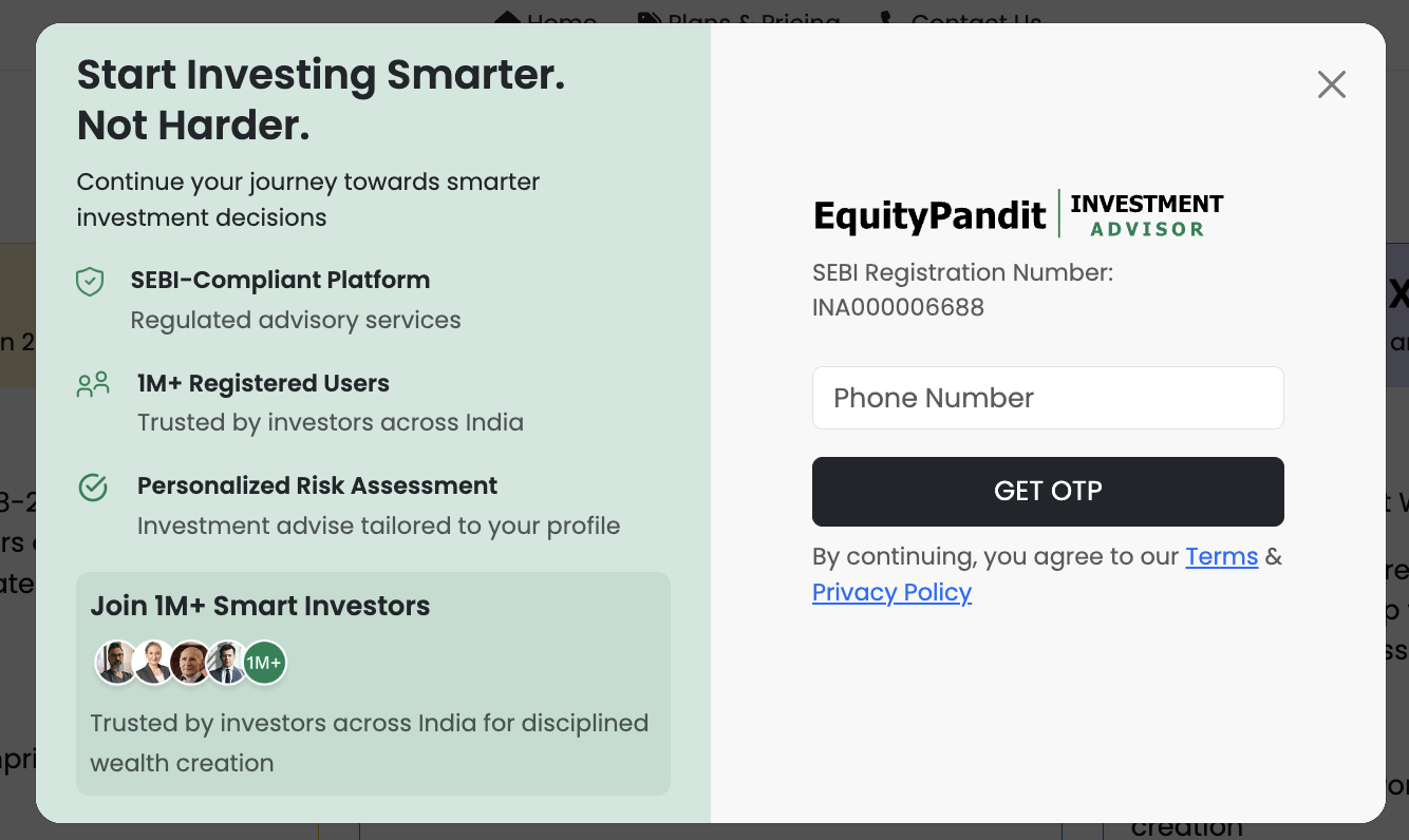 EquityPandit Financial Services website screenshot showing the login wall where users must enter their phone number to view service pricing and advisory plans.
