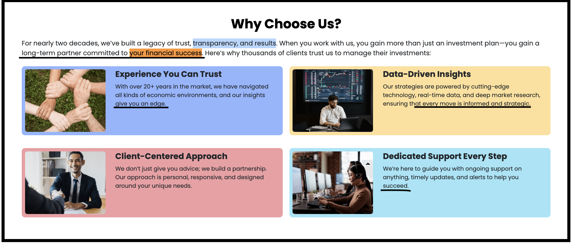 EquityPandit Financial Services "Why Choose Us" feature grid showcasing client trust, data-driven research, client-centered approach, and dedicated support.
