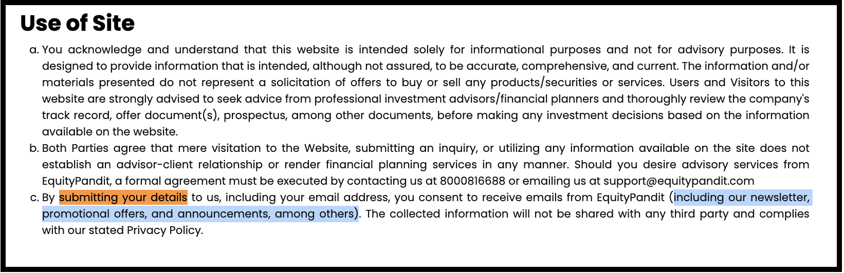 EquityPandit Financial Services website terms and conditions section highlighting informational disclaimers and communication consent policies.