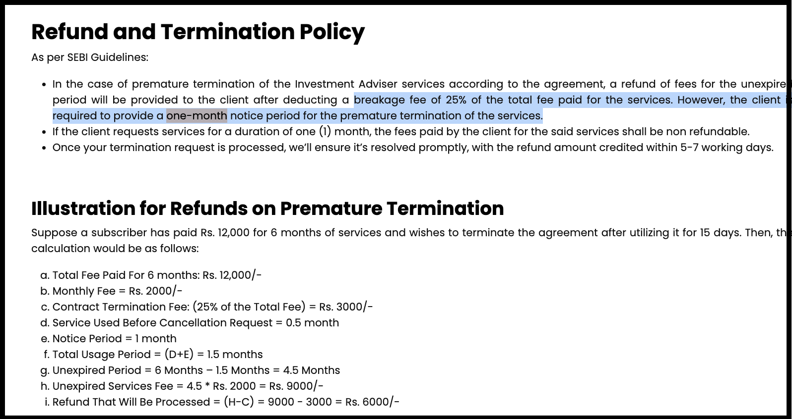 EquityPandit Financial Services refund and termination policy guidelines detailing notice periods, non-refundable one-month plans, 25% breakage fees, and calculation examples.