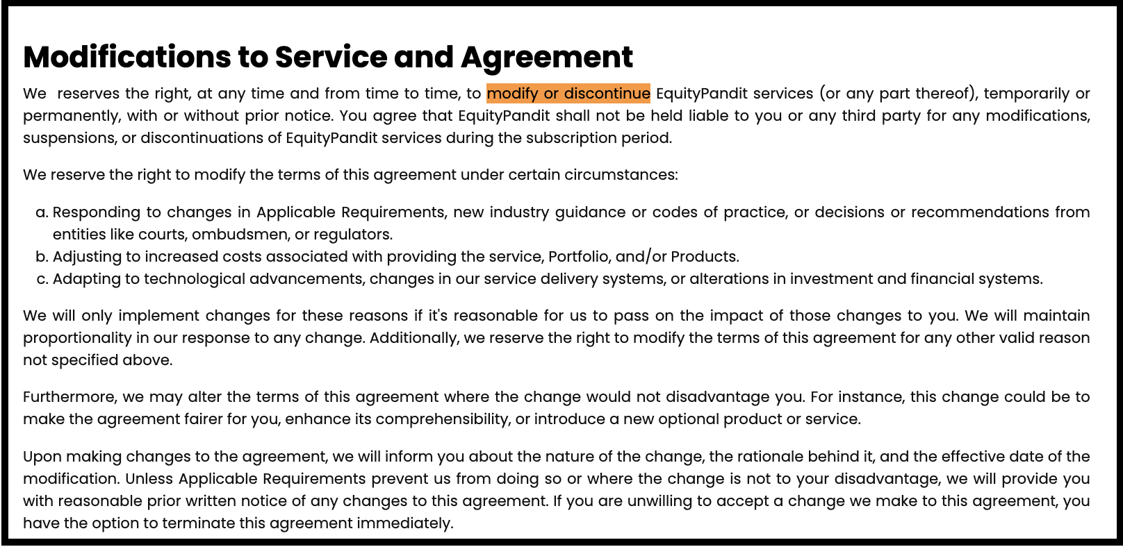 EquityPandit website terms and conditions section detailing the company's rights to modify, suspend, or discontinue services and alter agreement terms.