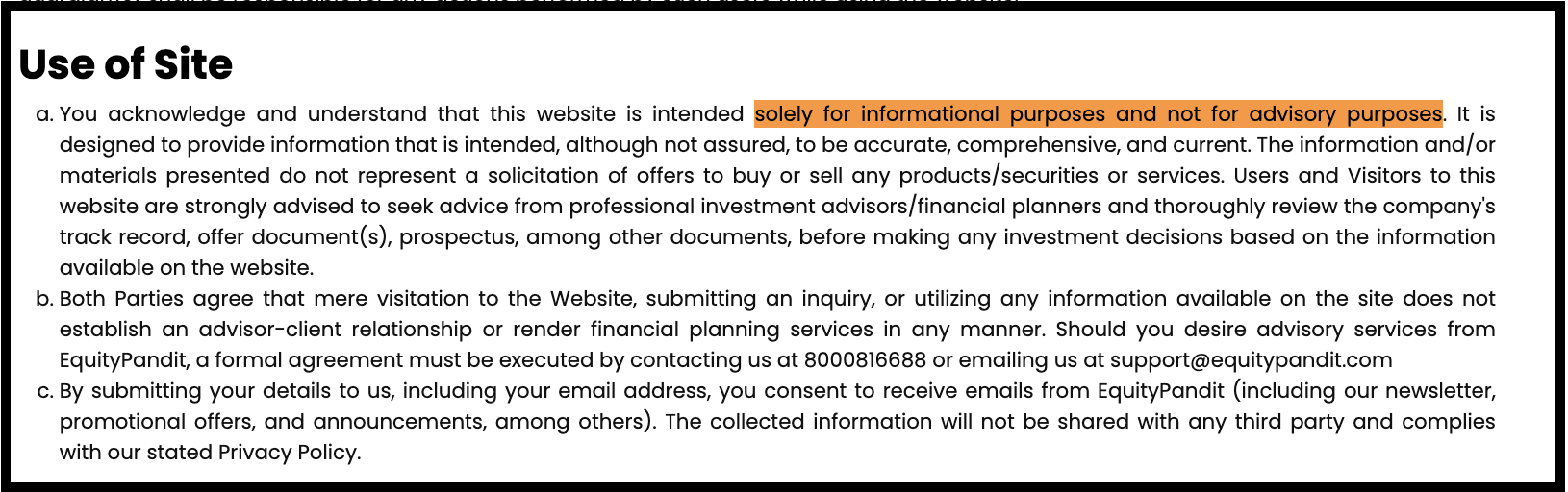 EquityPandit Financial Services website terms and conditions section detailing the "Use of Site" disclaimers regarding informational content, advisory non-representation, and user consent.