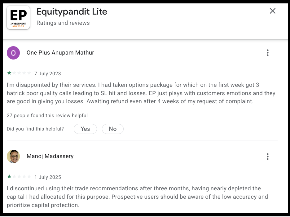 Google review screenshot showing customer complaints regarding EquityPandit's low recommendation accuracy, frequent stop-loss hits, and delayed refunds.