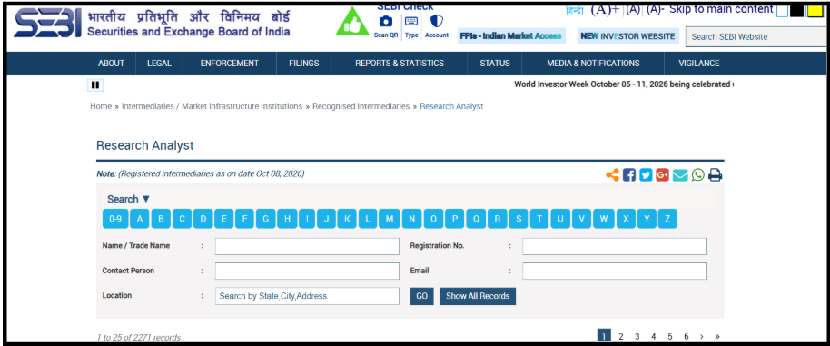 SEBI Recognised Intermediaries portal showing the Research Analyst search filter and registration verification fields to Verify Research Analyst INH Number.