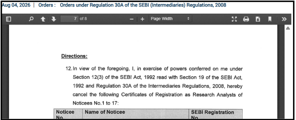 SEBI order dated August 4, 2026 cancelling the certificates of registration for 17 Research Analysts under Intermediaries Regulations.