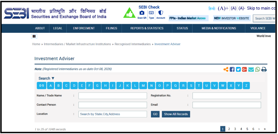 SEBI Registered Investment Adviser verification search portal page on official SEBI website for Verify Investment Adviser INA Number