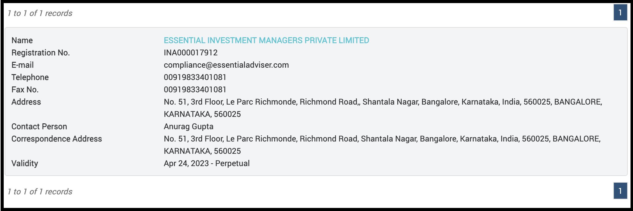 Registration details for Essential Investment Managers Private Limited.