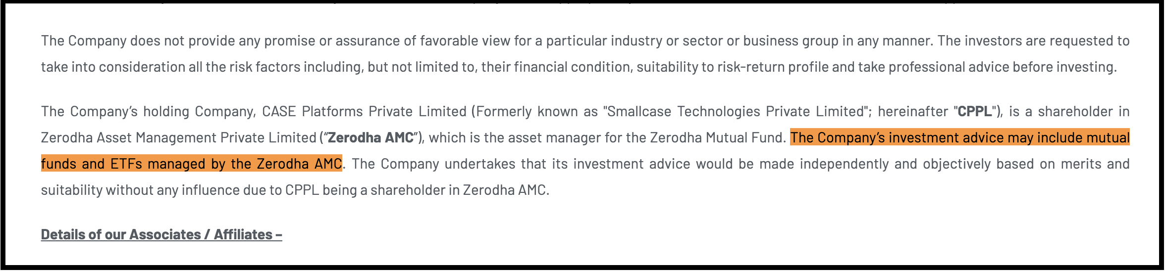 Disclosure wording about group companies and mutual fund holdings on the EIMPL website