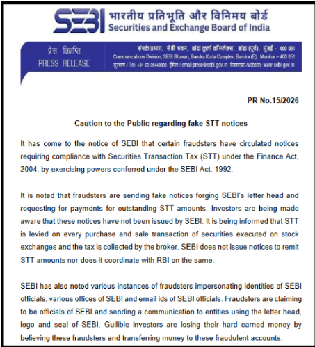 SEBI Press Release No. 15/2026 cautioning investors against fake STT notices and fraudster impersonation