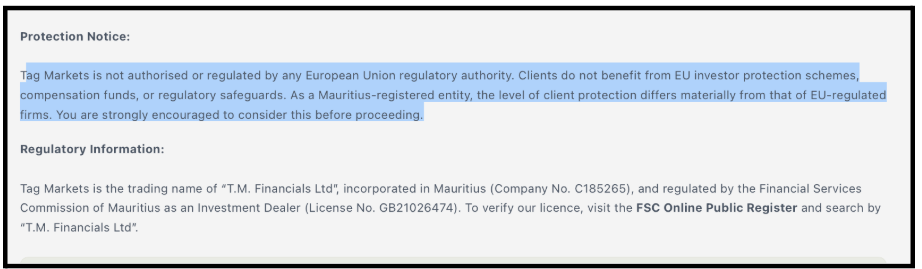Tag Markets website disclosure stating it is not EU regulated