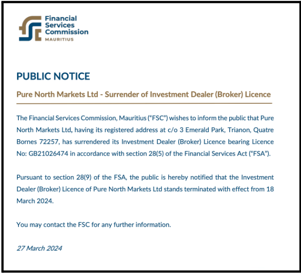 FSC Mauritius public notice regarding Pure North Markets Ltd licence termination