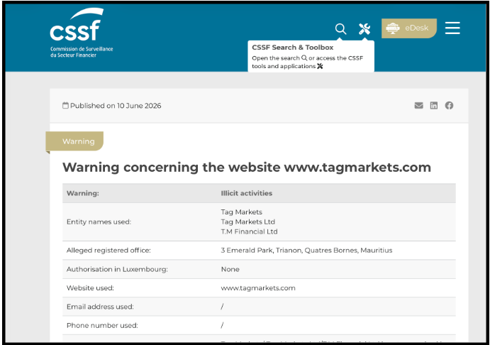 Luxembourg CSSF warning notice regarding Tag Markets illicit activities