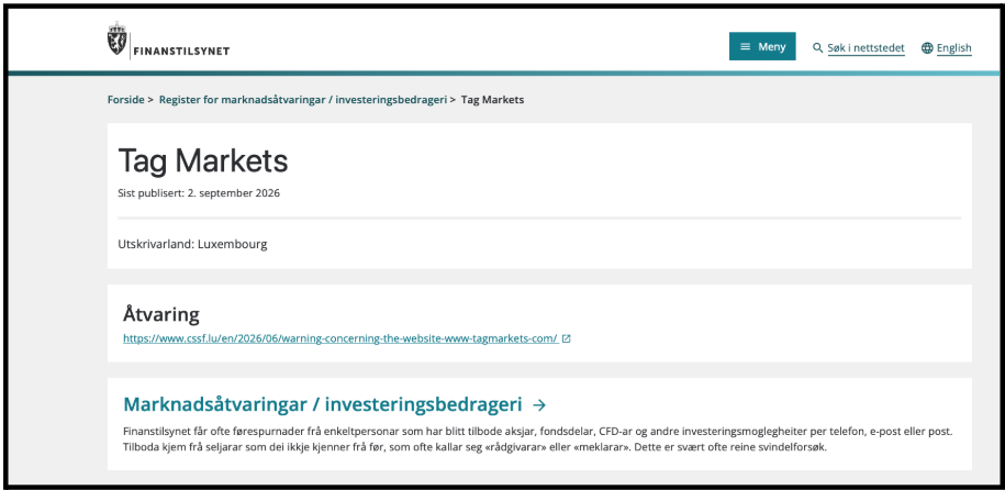 Finanstilsynet Norway warning entry for Tag Markets investment fraud