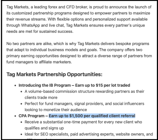 Tag Markets referral commission offer