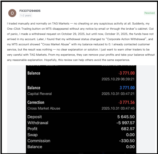 User reported Tag Markets balance correction after a withdrawal request