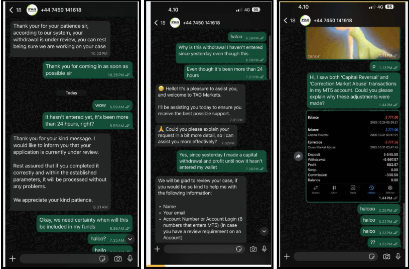 Tag Markets support chat about a pending withdrawal