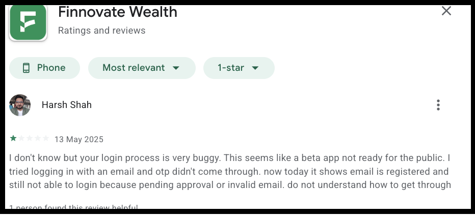 User review screenshot discussing login problems, OTP delivery delays, and app usability issues for Finnovate Wealth.