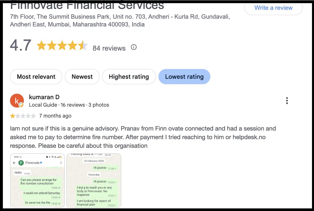 Google Maps review screenshot for Finnovate Financial Services displaying a 4.7-star rating and a user comment warning about unresponsiveness after payment.