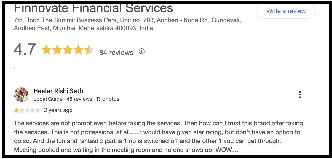 Google Maps review screenshot for Finnovate Financial Services showing a 4.7-star rating and user feedback noting unresponsiveness and communication difficulties after payment.