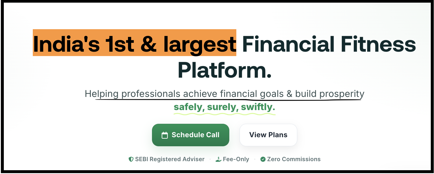 Promotional banner for Finnovate Financial Services featuring the claim "India's 1st & largest Financial Fitness Platform" along with schedule call and view plans options.