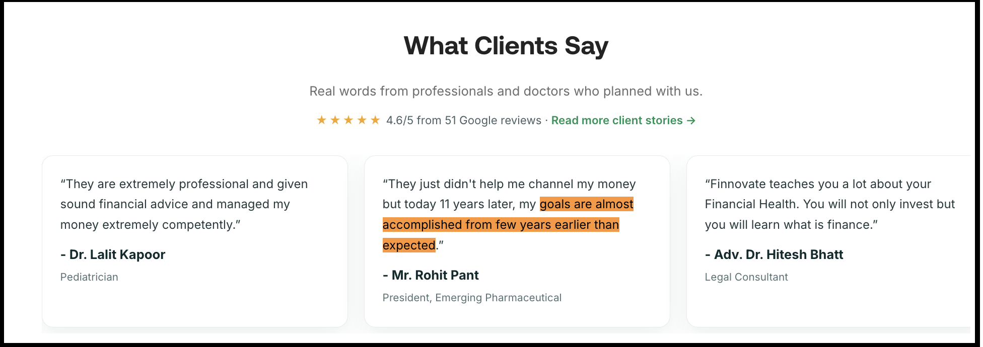 Customer testimonials highlighting client experiences with Finnovate Financial Services planning.