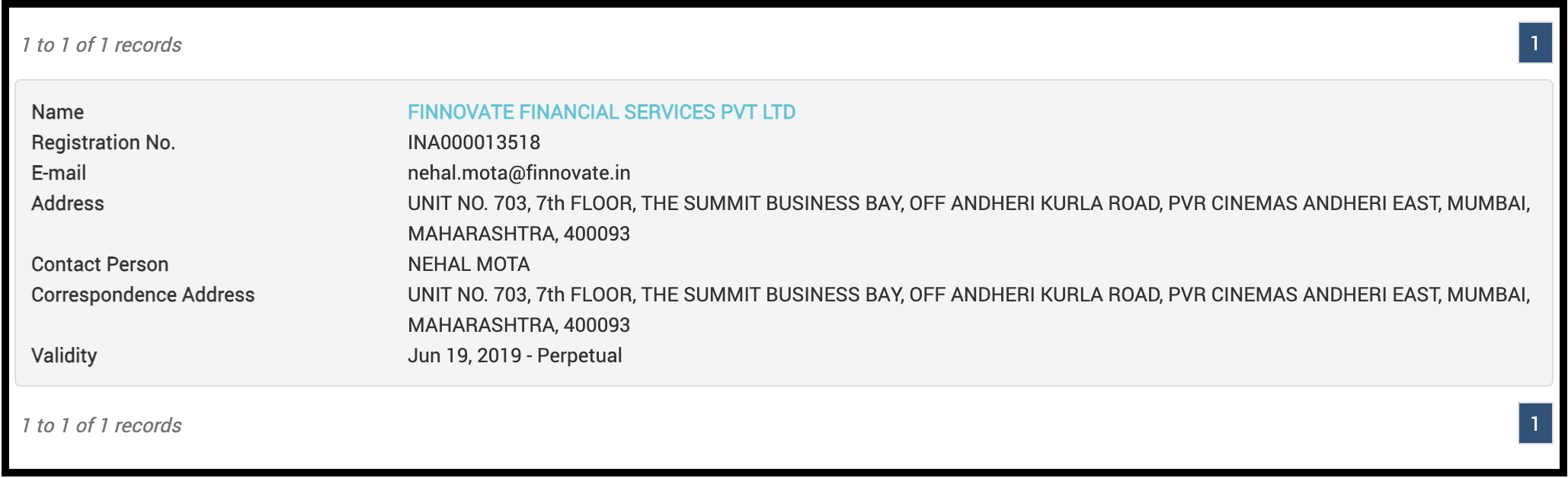 SEBI registration details for Finnovate Financial Services Pvt Ltd