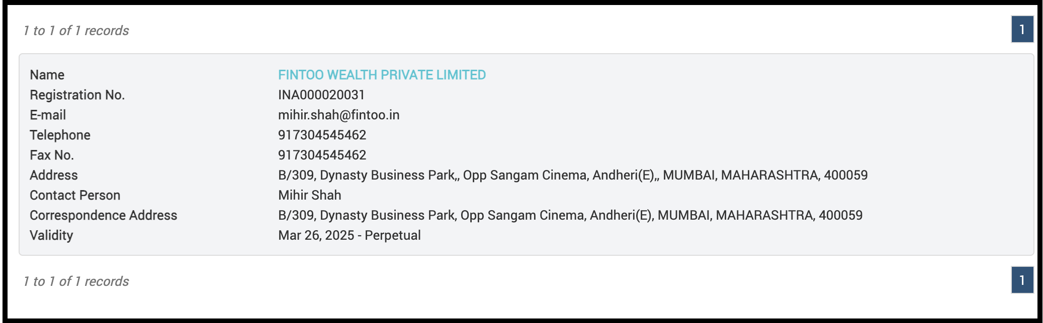 SEBI registration details for Fintoo Wealth Private Limited