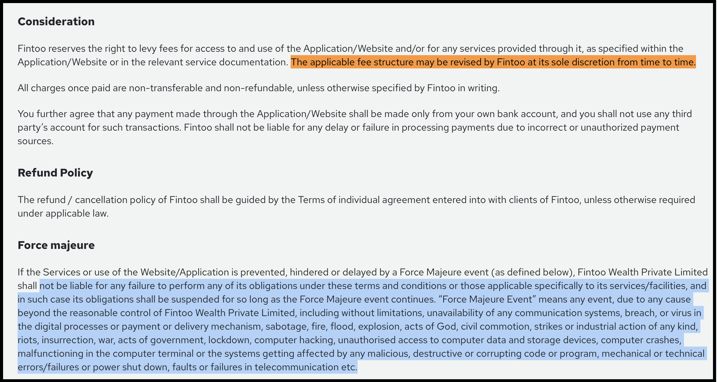 Fintoo terms and conditions screenshot highlighting clauses on fee non-refundability, account suspension, and force majeure waivers.