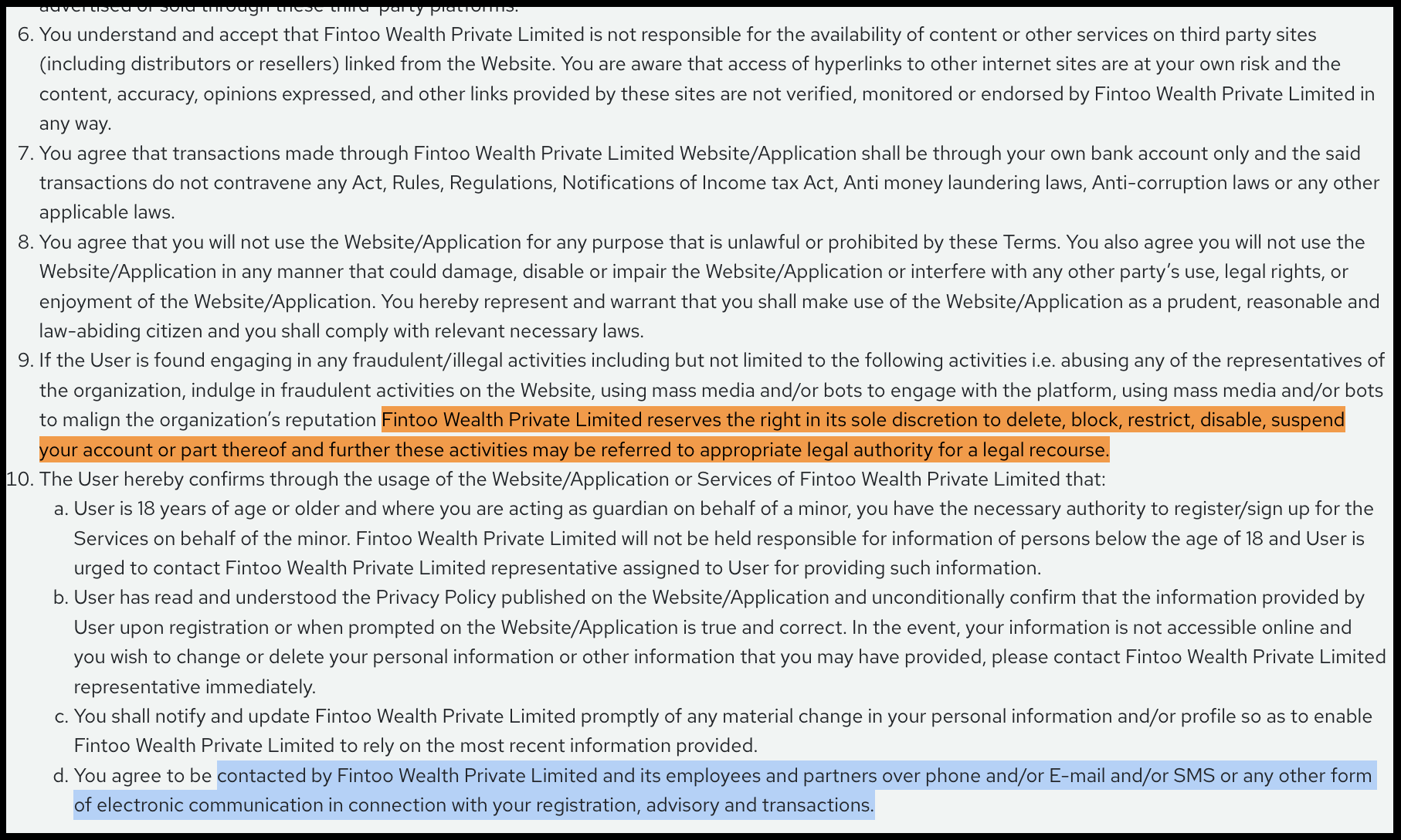 Fintoo terms and conditions screenshot showing clauses on user conduct, account suspension rights, and third-party service disclaimers.