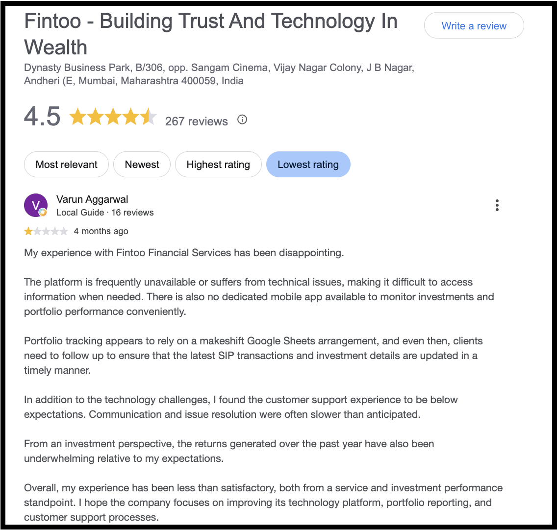 Google Play Store review screenshot for Fintoo Financial Services displaying a 4.5-star rating and user feedback concerning technical platform glitches and slow support responses.