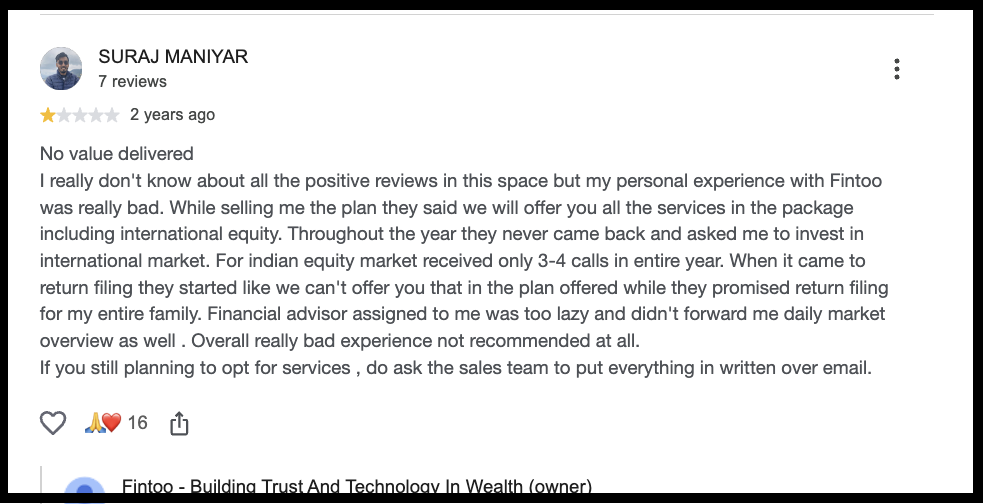 Google community review screenshot for Fintoo detailing customer dissatisfaction regarding unfulfilled package services, low advisory touchpoints, and unshared market updates.