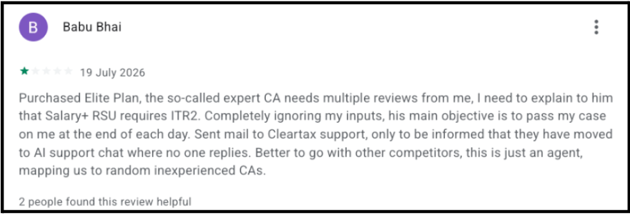 Google Play review discussing tax filing support for Clearsharp Technology Private Limited.