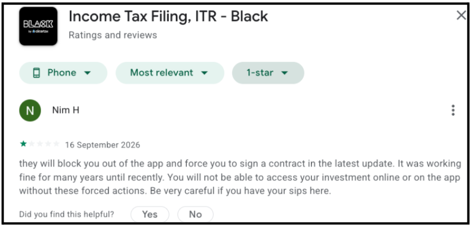 Google Play store review for the Black by ClearTax app regarding forced app updates and contract agreements.