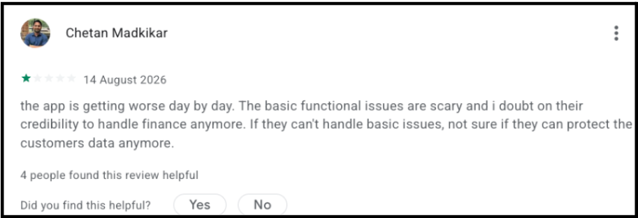 Google Play store review highlighting functional and security concerns about the Black app.