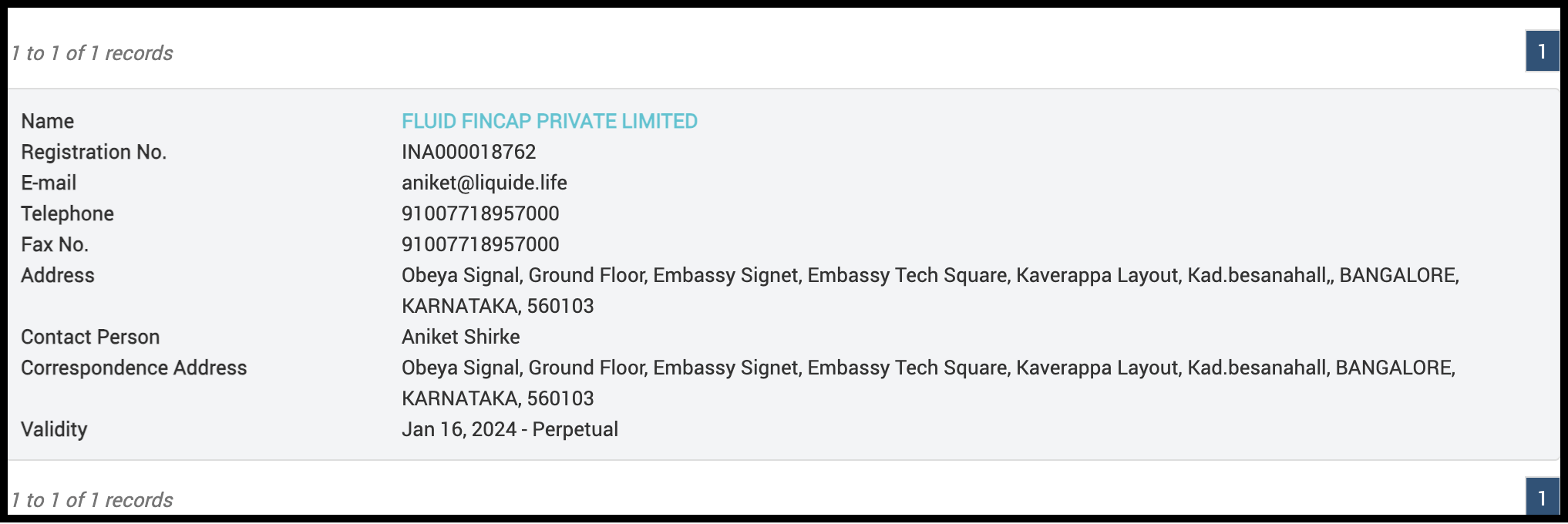 SEBI intermediary database record showing Fluid Fincap Private Limited's Investment Adviser registration number, perpetual validity, and corporate address details.