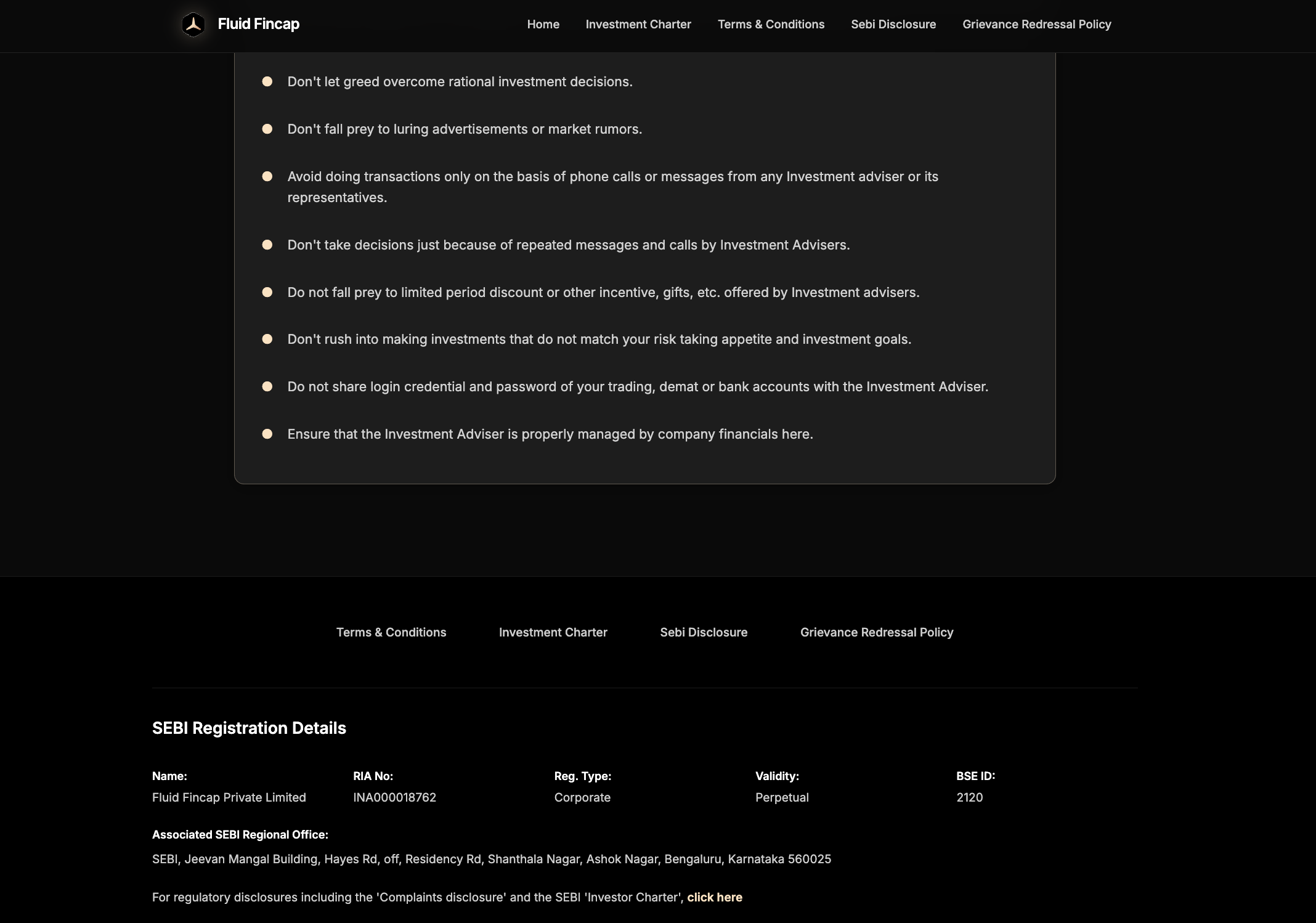 Fluid Fincap Private Limited website terms and conditions page highlighting the lack of transparent fee disclosures, pricing plans