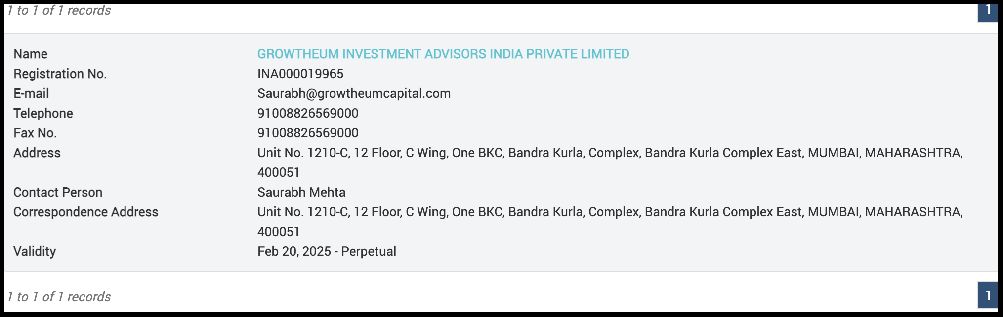 SEBI registration details screenshot for Growtheum Investment Advisors India Private Limited
