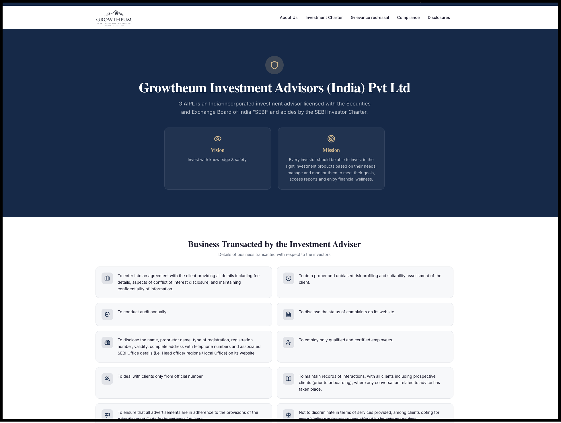 Growtheum Investment Advisors homepage excerpt highlighting general registration disclosures and missing fee structures.