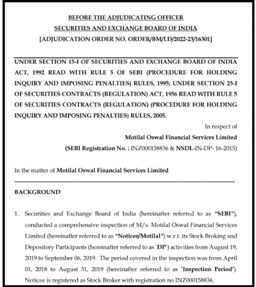 SEBI adjudication order against Motilal Oswal Financial Services dated April 29, 2022, first page