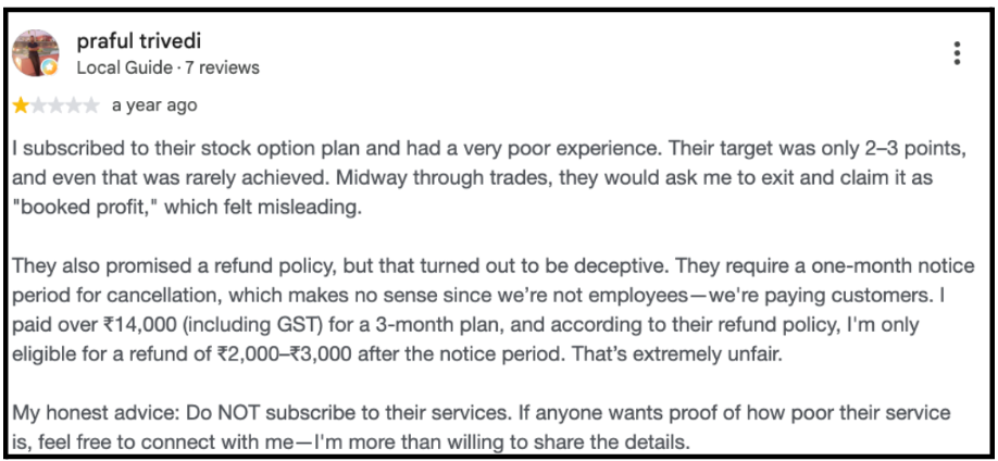 complaint about EquityPandit's low recommendation accuracy, poor support, and restrictive refund policies.