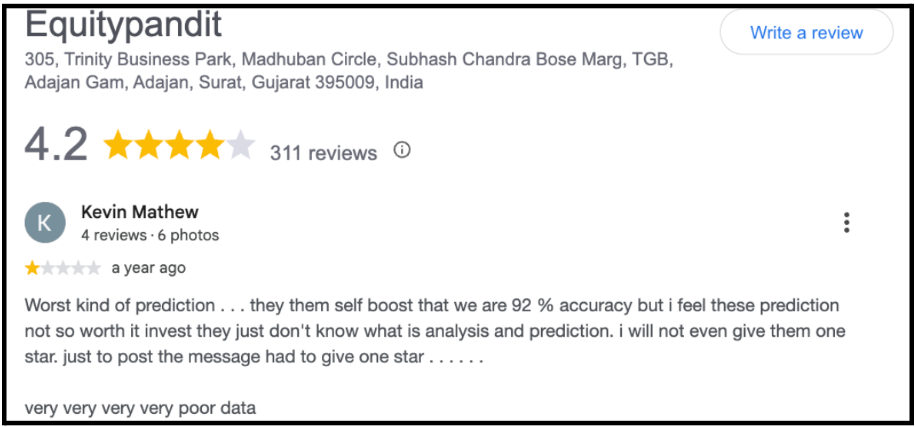 Google review screenshot highlighting an investor's complaint about EquityPandit's low recommendation accuracy and questioning its promised success rates.