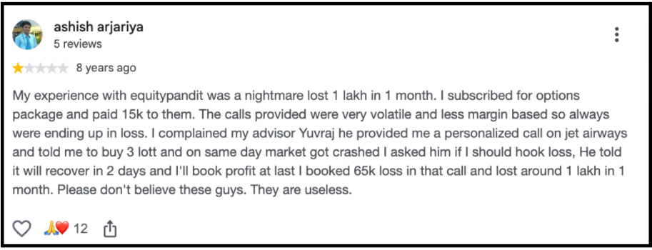 Google review screenshot highlighting an investor's complaint about EquityPandit's volatile option packages, substantial trading losses, and poor advisory support.
