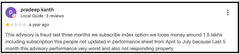 Google review screenshot highlighting a customer complaint about EquityPandit's poor index option accuracy, heavy losses, and un-updated performance sheets.