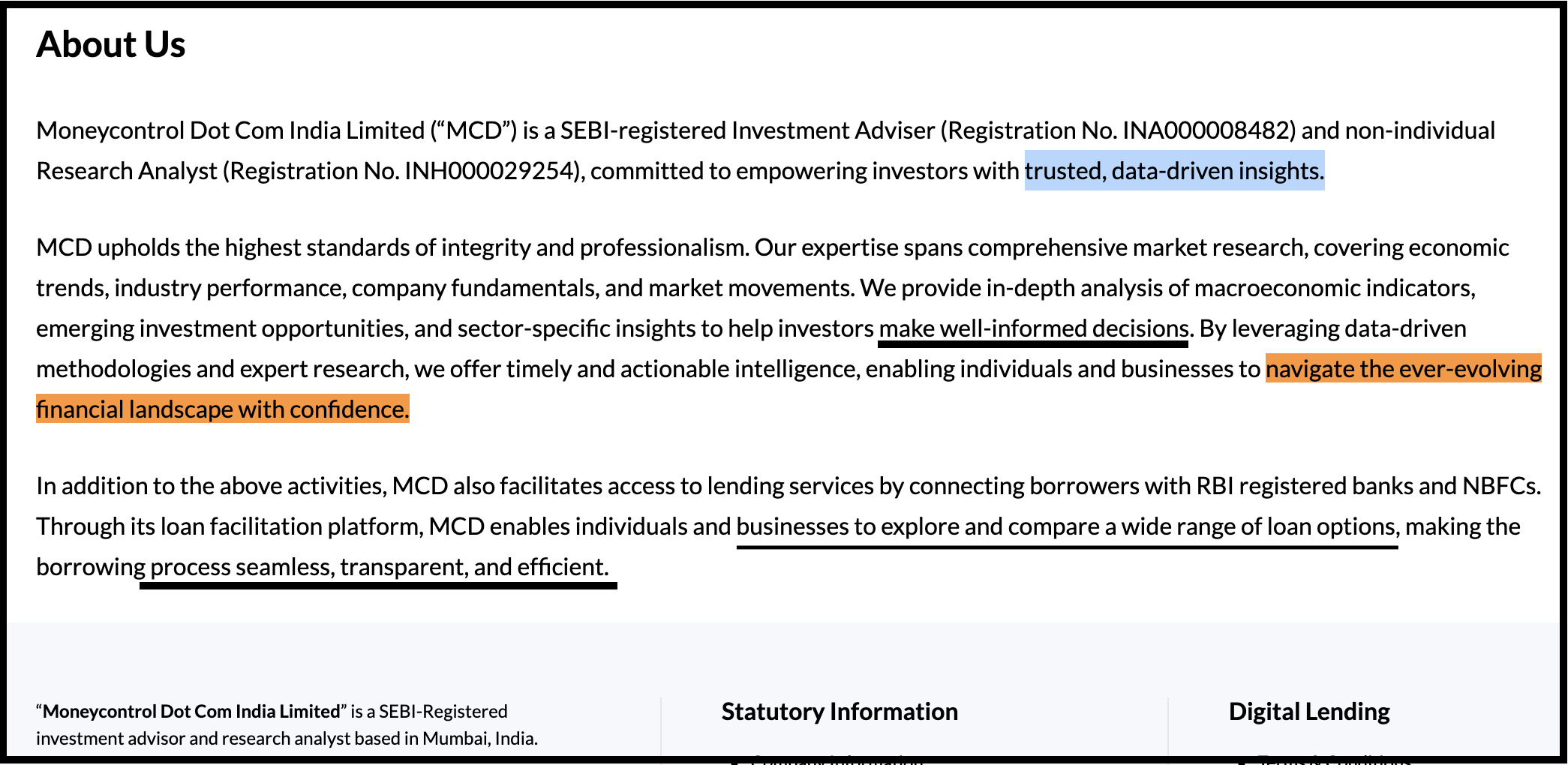Moneycontrol website "About Us" section highlighting its commitment to market research, editorial insights, and digital lending facilitation partnerships.