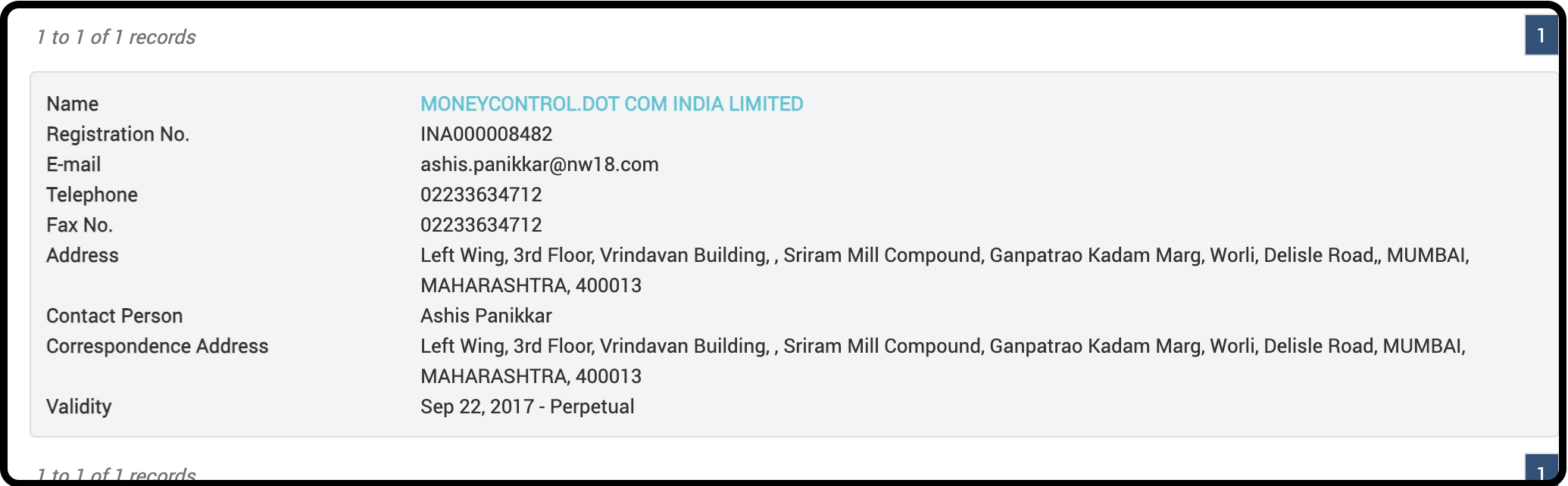 Official SEBI registration details for Moneycontrol Dot Com India Limited as an Investment Adviser.